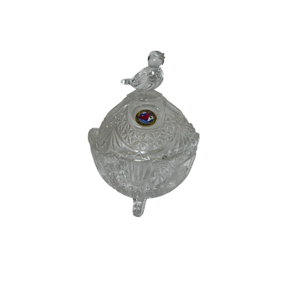 Vintage Hofbauer Byrdes Birds Crystal Round Footed Trinket Jewelry Box with Lid